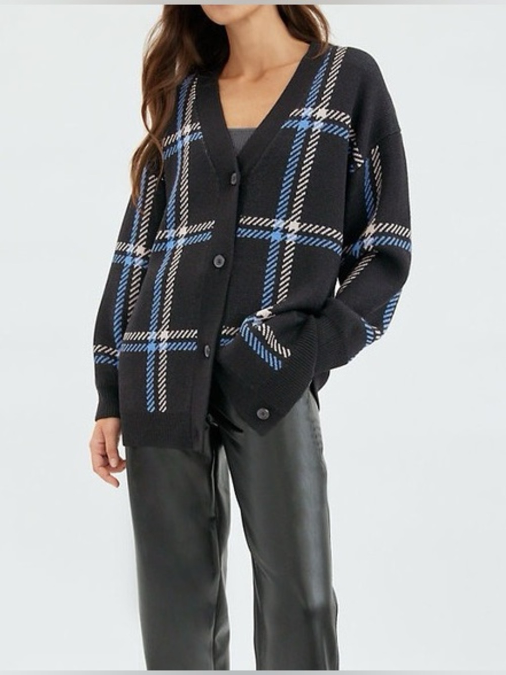 Aritzia Babaton Lacer Cardigan 100% Merino Wool Plaid V-Neck Button Sweater